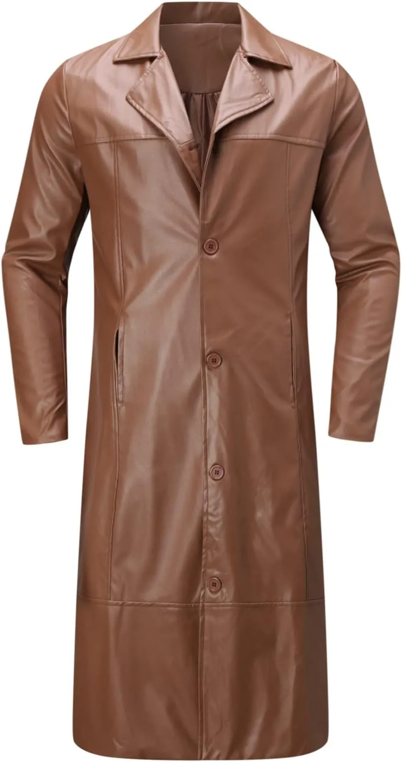 Mens Leather Trench Coat Full Length Vintage Classic Faux Leather Long Leather Jacket Winter Overcoat