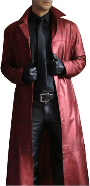 Mens Leather Trench Coat Full Length Vintage Classic Faux Leather Long Leather Jacket Winter Overcoat