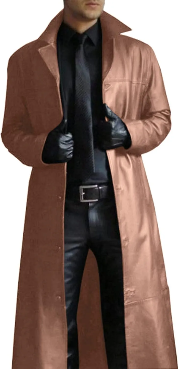 Mens Leather Trench Coat Full Length Vintage Classic Faux Leather Long Leather Jacket Winter Overcoat