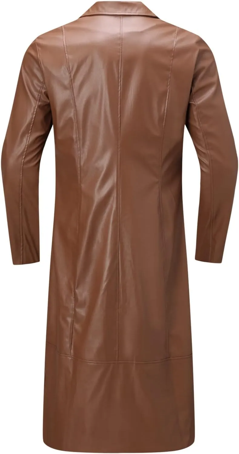 Mens Leather Trench Coat Full Length Vintage Classic Faux Leather Long Leather Jacket Winter Overcoat