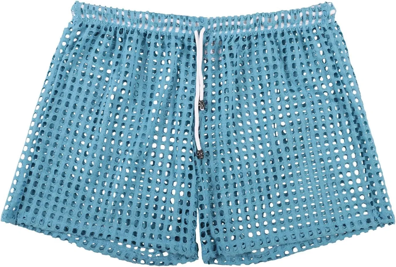 Men's Mesh Fishnet Boxer Briefs See-Through Sexy Low Waist Drawstring Underwear Ultra Breathable Male Erotic Lingerie