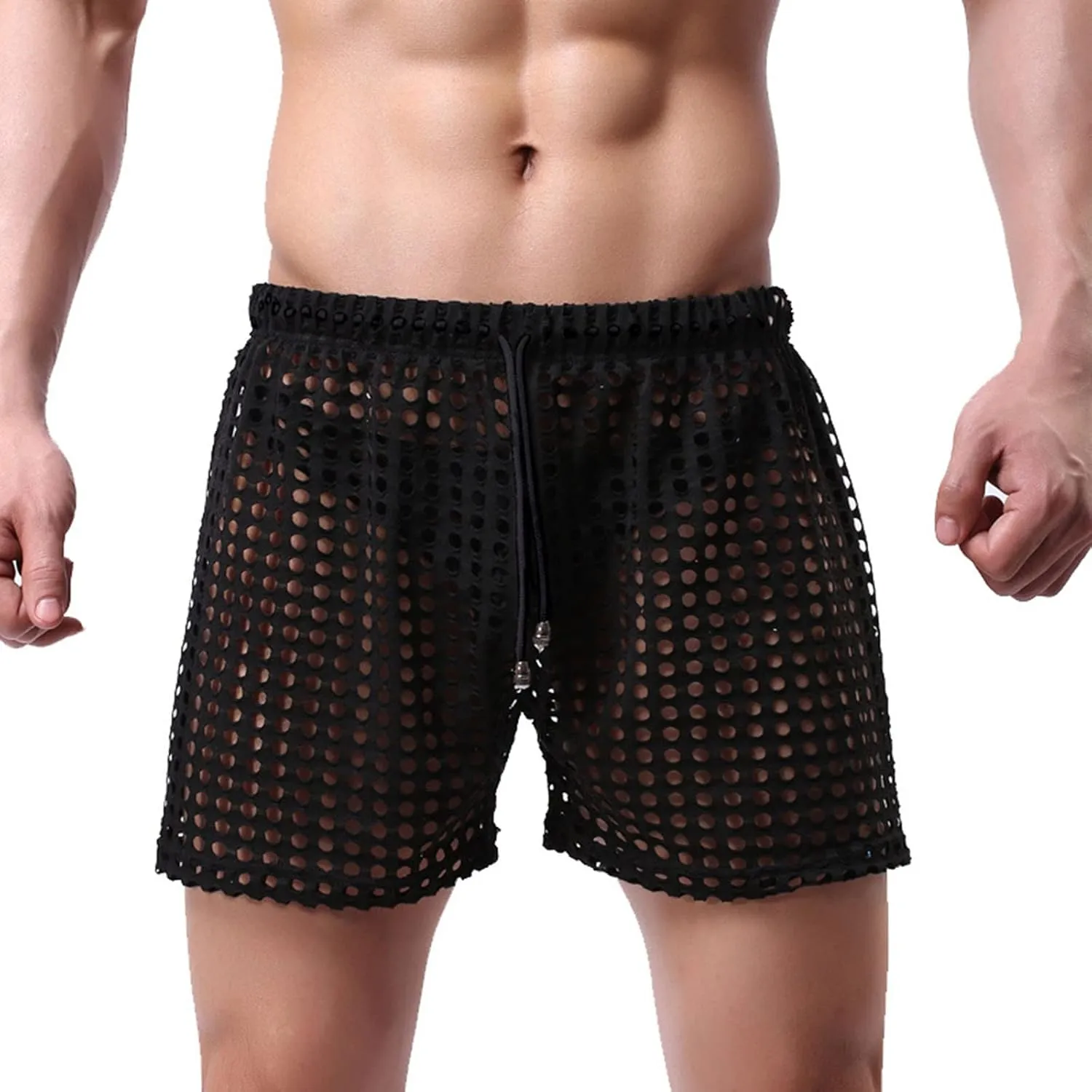 Men's Mesh Fishnet Boxer Briefs See-Through Sexy Low Waist Drawstring Underwear Ultra Breathable Male Erotic Lingerie