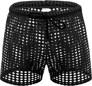 Men's Mesh Fishnet Boxer Briefs See-Through Sexy Low Waist Drawstring Underwear Ultra Breathable Male Erotic Lingerie