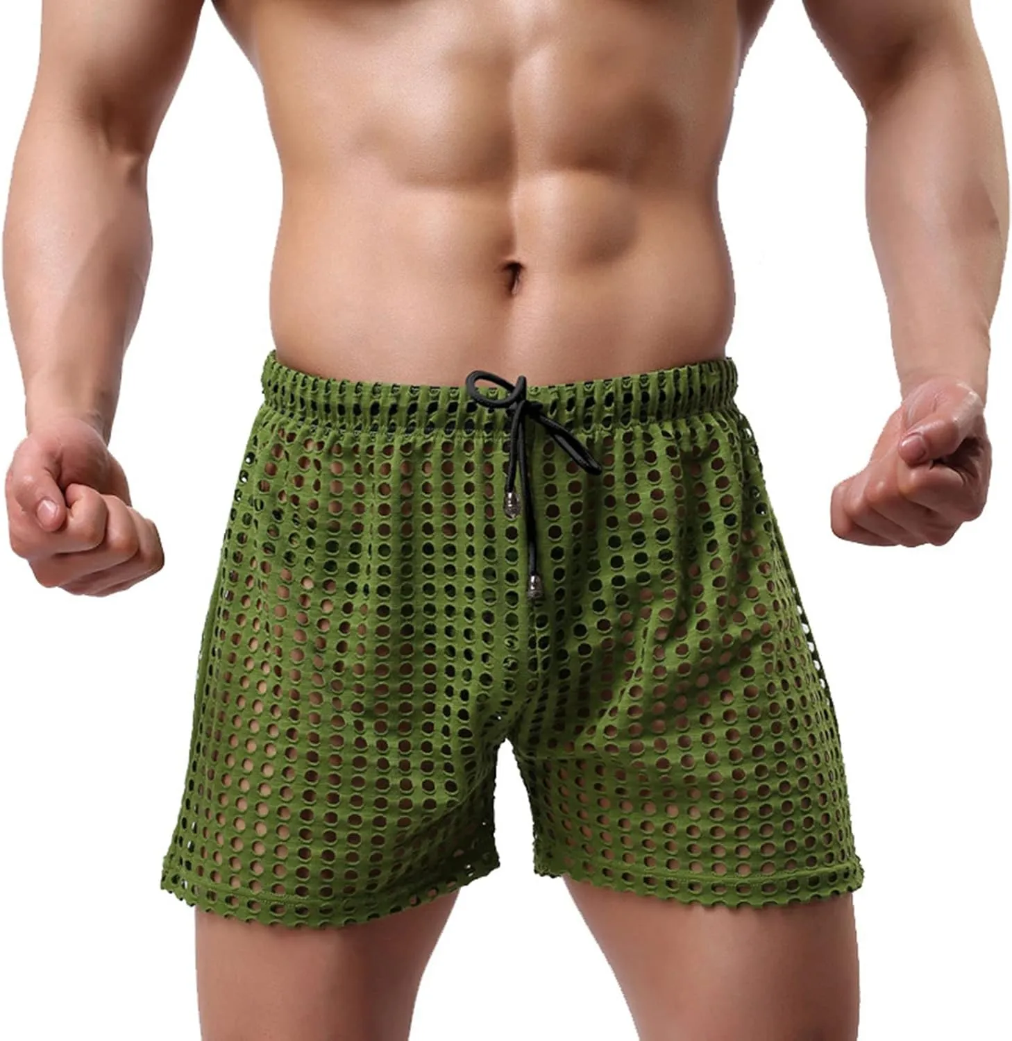 Men's Mesh Fishnet Boxer Briefs See-Through Sexy Low Waist Drawstring Underwear Ultra Breathable Male Erotic Lingerie