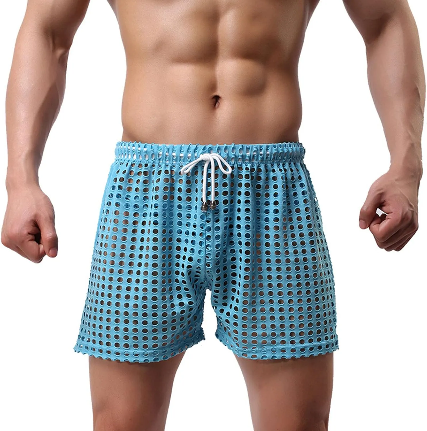 Men's Mesh Fishnet Boxer Briefs See-Through Sexy Low Waist Drawstring Underwear Ultra Breathable Male Erotic Lingerie