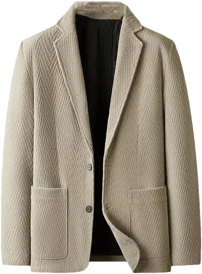 Men's Padded Cotton Suit Jacket Coat with Pocket Casual Outerwear Solid Two-Button Blazer