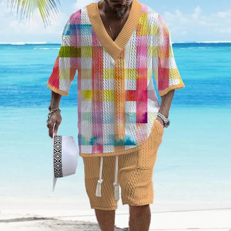 Men's Printed Short Sleeve Shorts Textured Set 17725266YY