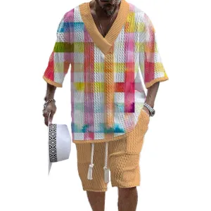 Men's Printed Short Sleeve Shorts Textured Set 17725266YY