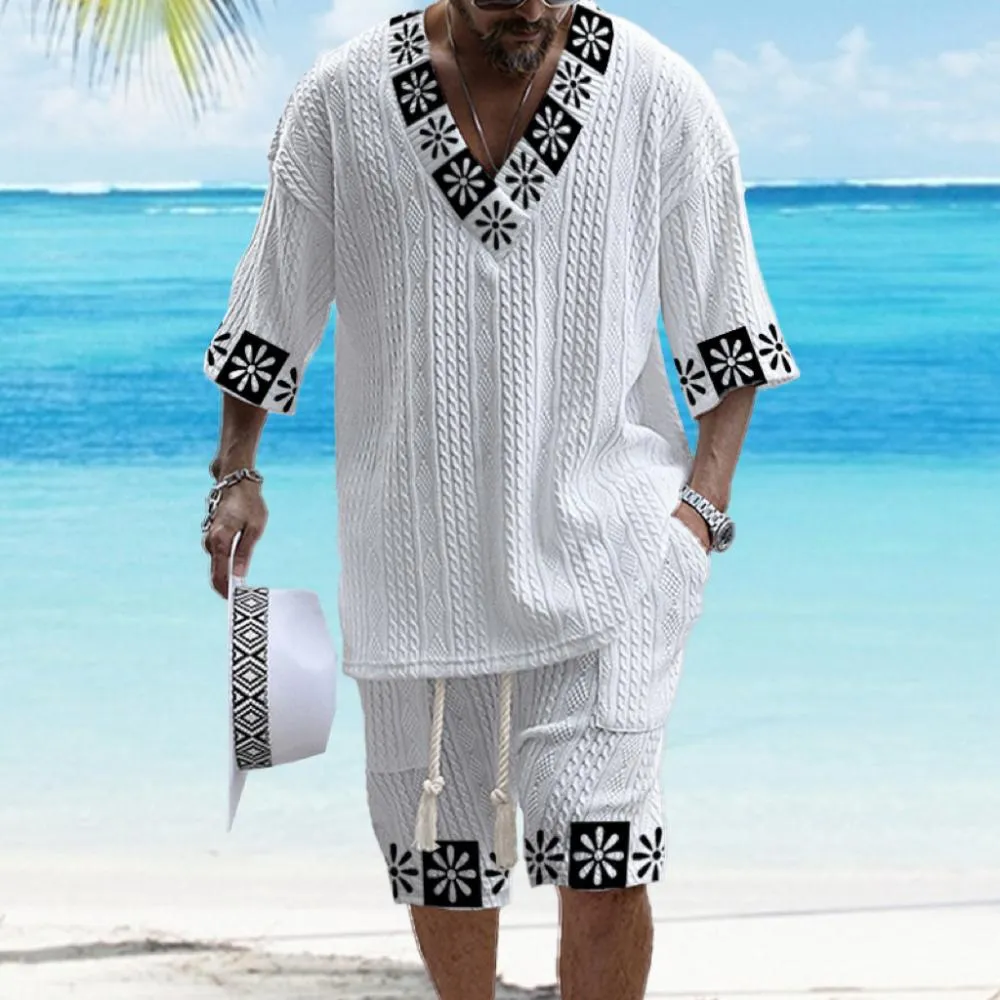 Men's Printed Short Sleeve Shorts Textured Set 21881779YY