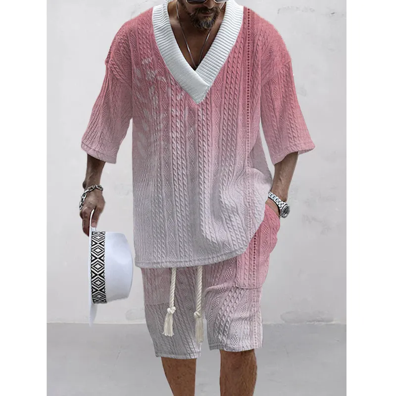Men's Printed Short Sleeve Shorts Textured Set 45634654L