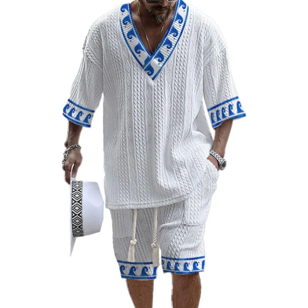 Men's Printed Short Sleeve Shorts Textured Set 48205375YY