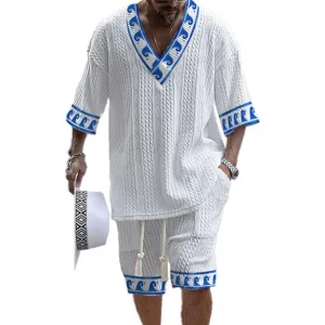 Men's Printed Short Sleeve Shorts Textured Set 48205375YY