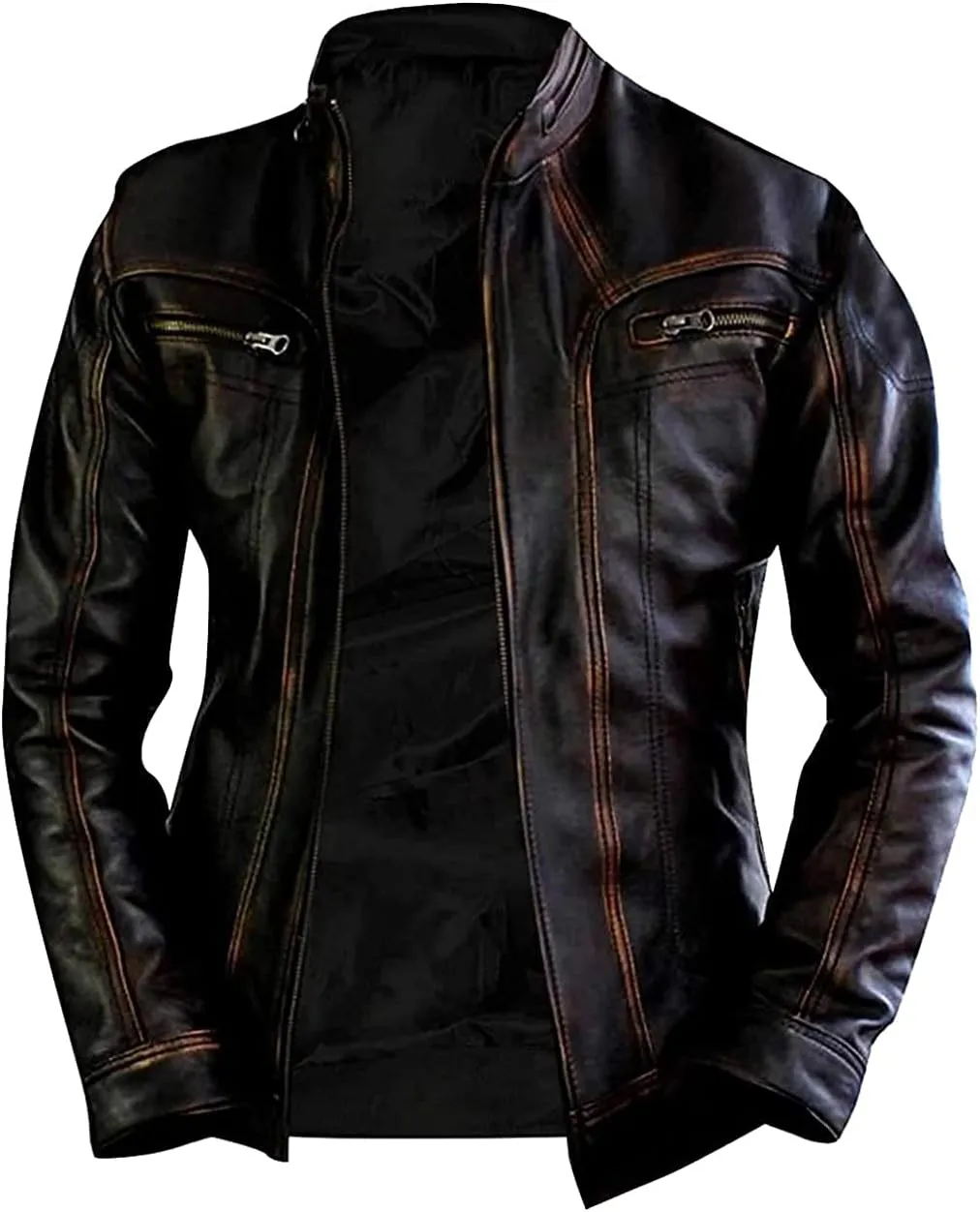 Mens Real Leather Biker- Motorcycle Distressed Black Genuine Leather Jacket-Men vintage golden stripe Leather Jacket