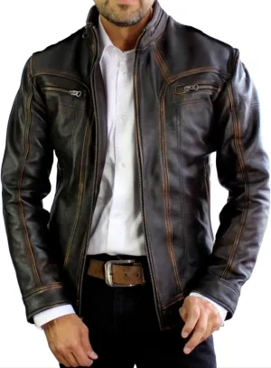 Mens Real Leather Biker- Motorcycle Distressed Black Genuine Leather Jacket-Men vintage golden stripe Leather Jacket