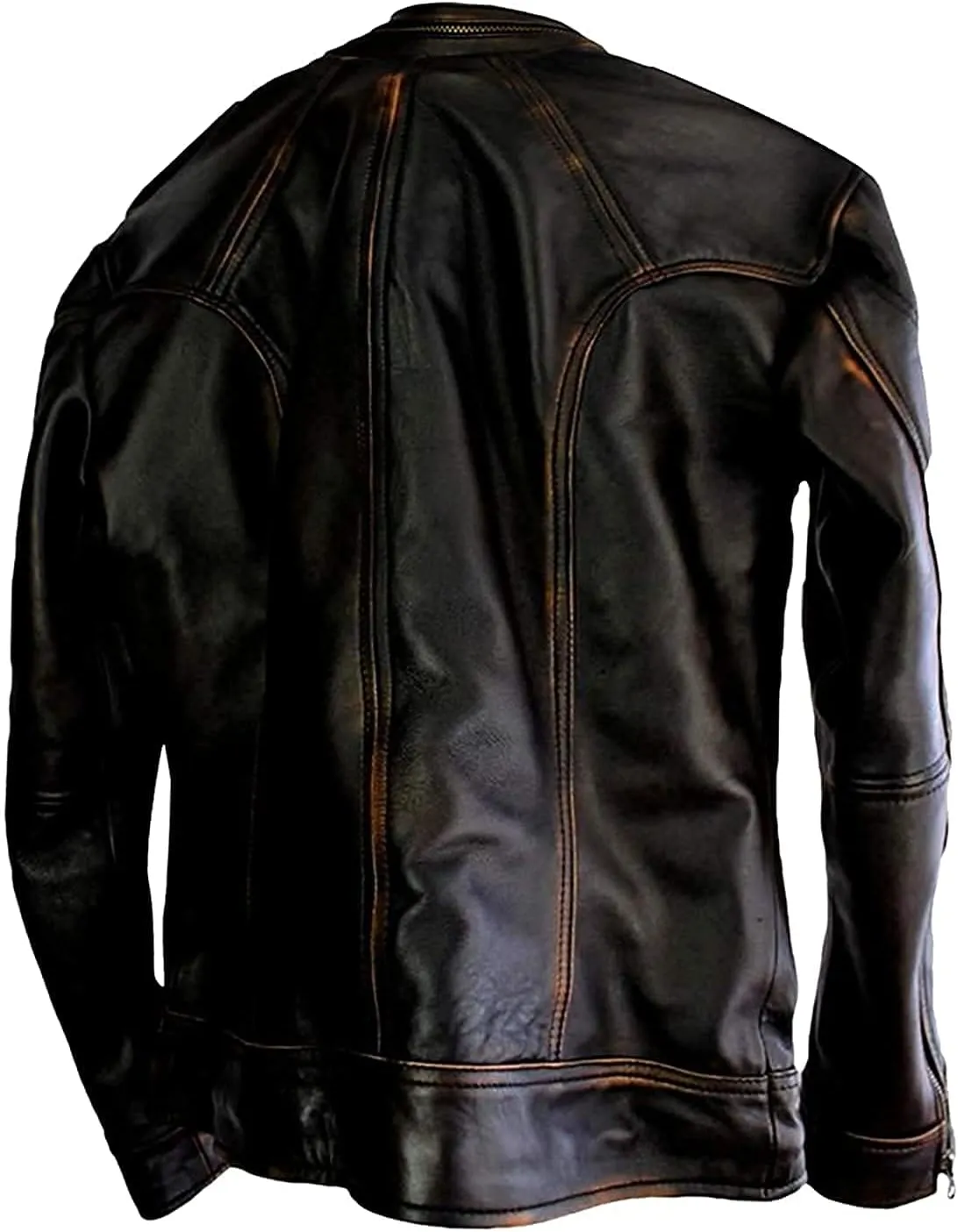 Mens Real Leather Biker- Motorcycle Distressed Black Genuine Leather Jacket-Men vintage golden stripe Leather Jacket