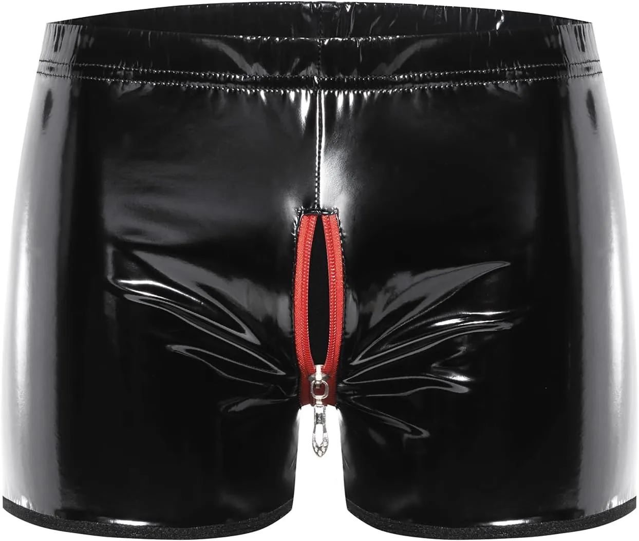 Mens Shiny Leather Boxer, Sexy Below Open Crotch, Wetlook PU Leather, Comfort Stretch Waistband