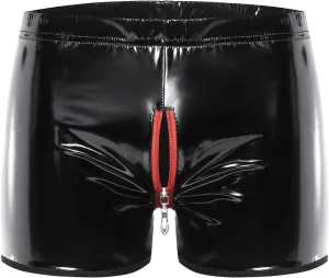 Mens Shiny Leather Boxer, Sexy Below Open Crotch, Wetlook PU Leather, Comfort Stretch Waistband