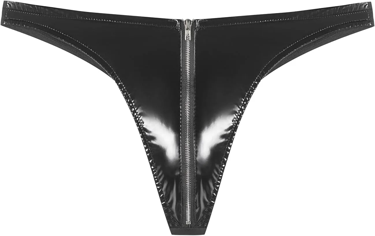 Men's Shiny Leather Shorts, Sexy Zipper Open Crotch, Briefs Bulge Pouch, Comfort Stretch Waistband