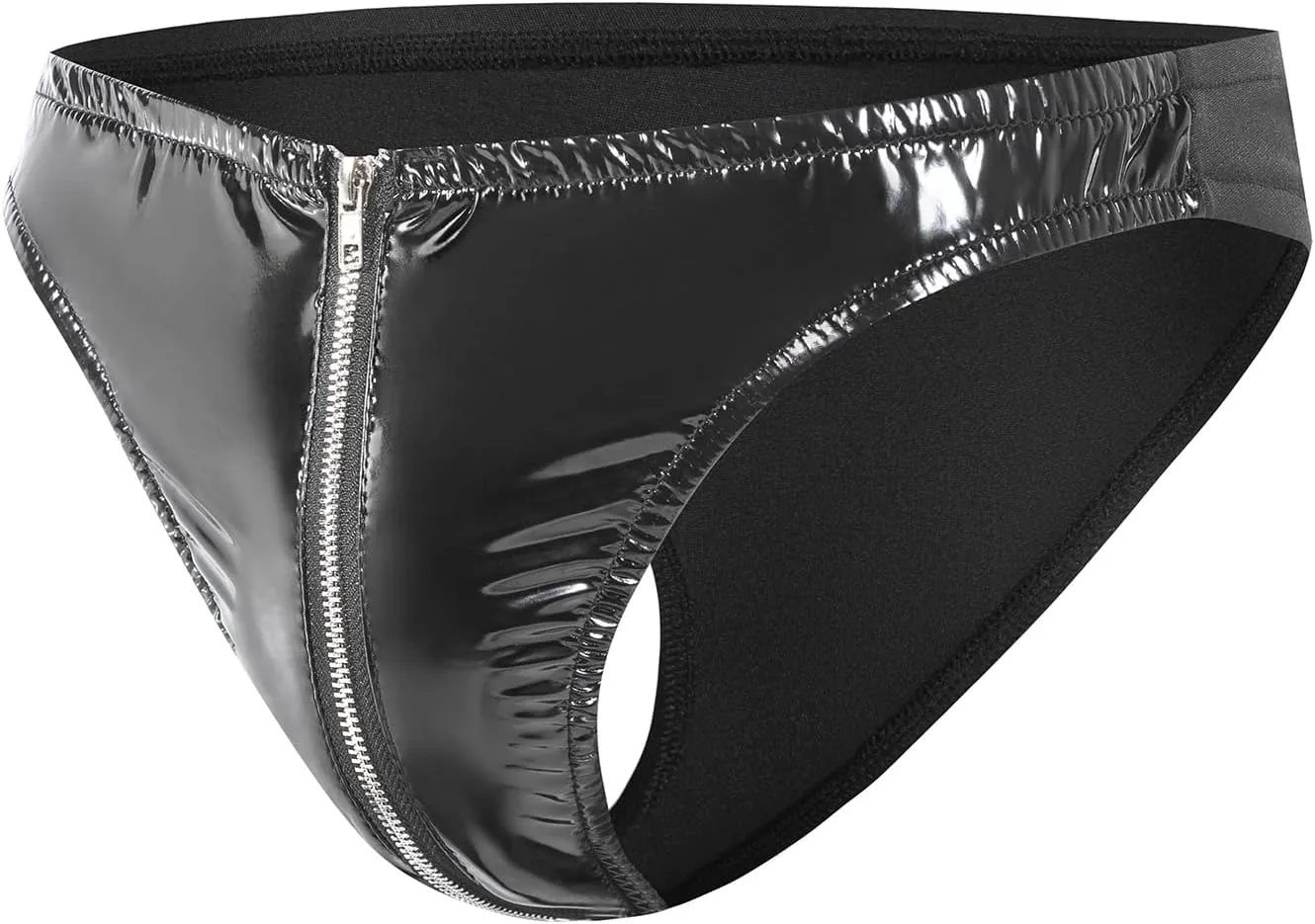 Men's Shiny Leather Shorts, Sexy Zipper Open Crotch, Briefs Bulge Pouch, Comfort Stretch Waistband