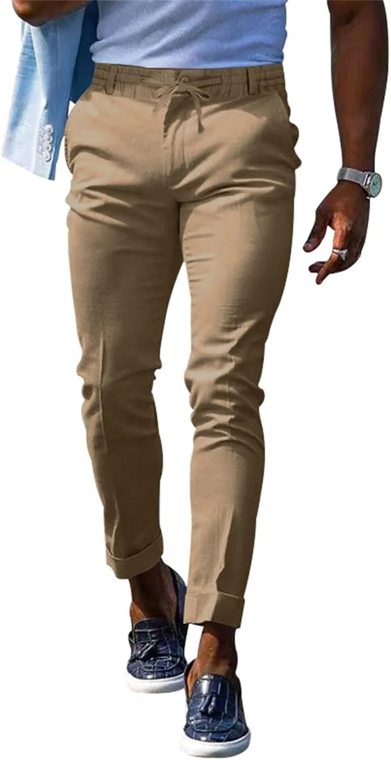 Mens Slim Fit Stretchy Casual Pants with Drawstrings Breathable Tapered Chino Pants for Work Flat Front Casual Golf Pant