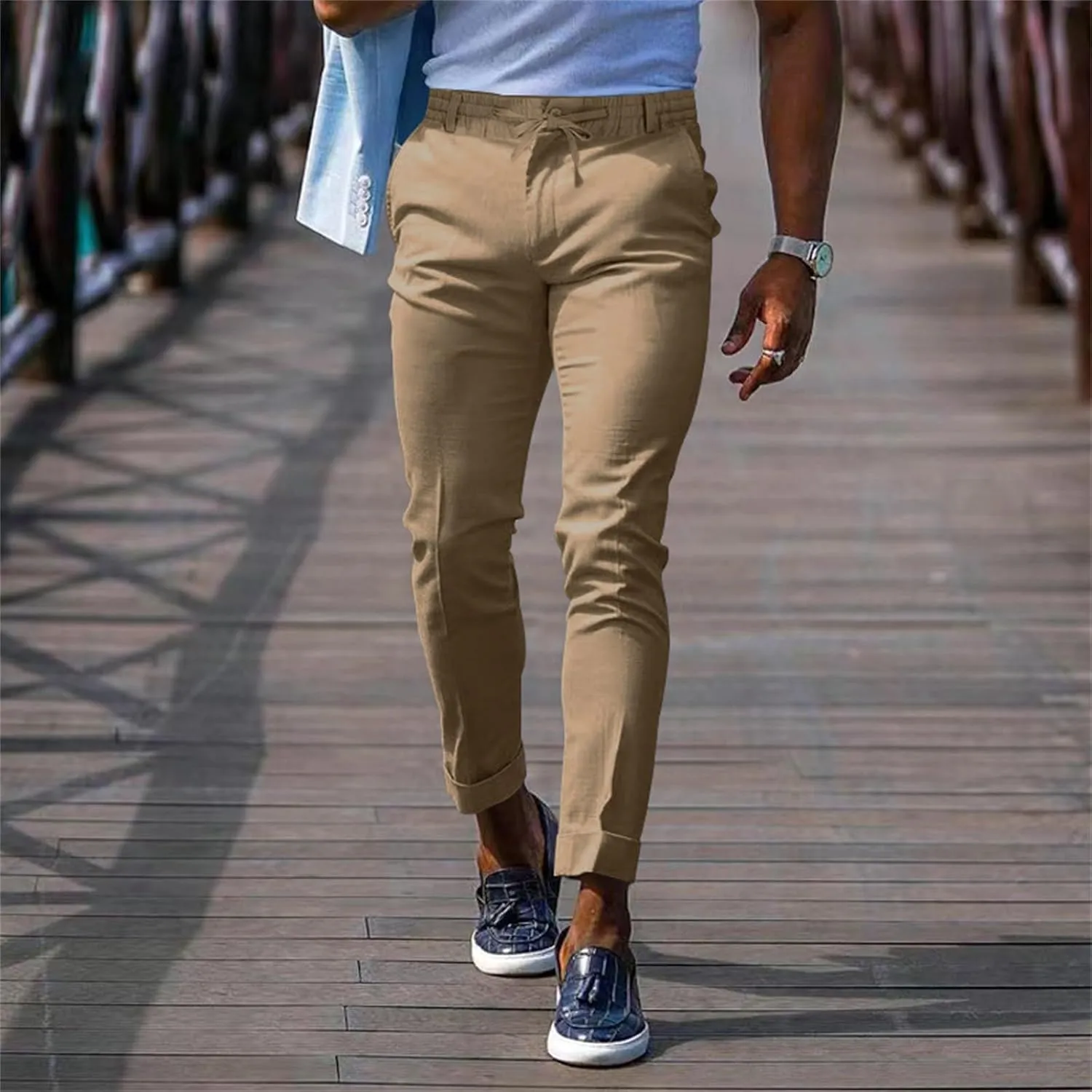 Mens Slim Fit Stretchy Casual Pants with Drawstrings Breathable Tapered Chino Pants for Work Flat Front Casual Golf Pant
