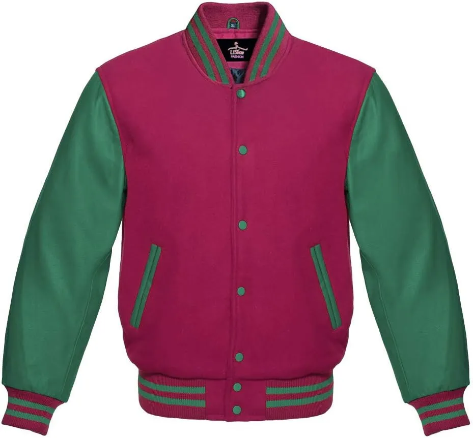 Men's Varsity Baseball Letterman Bomber Jacket Wool & Green Genuine Leather Sleeves