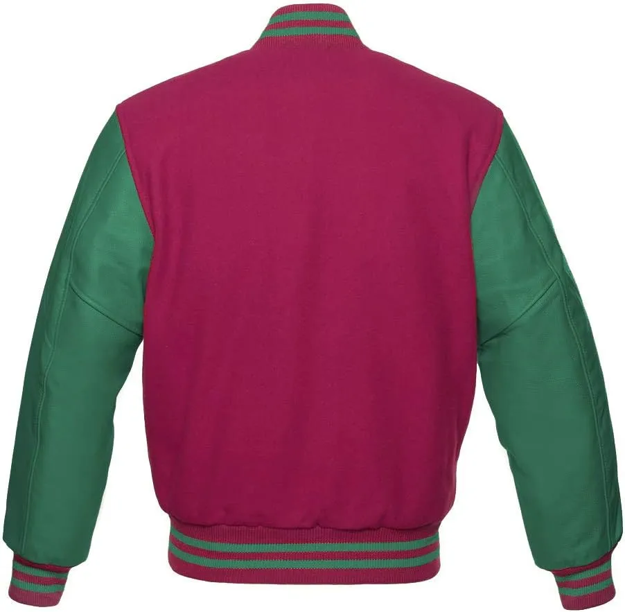 Men's Varsity Baseball Letterman Bomber Jacket Wool & Green Genuine Leather Sleeves
