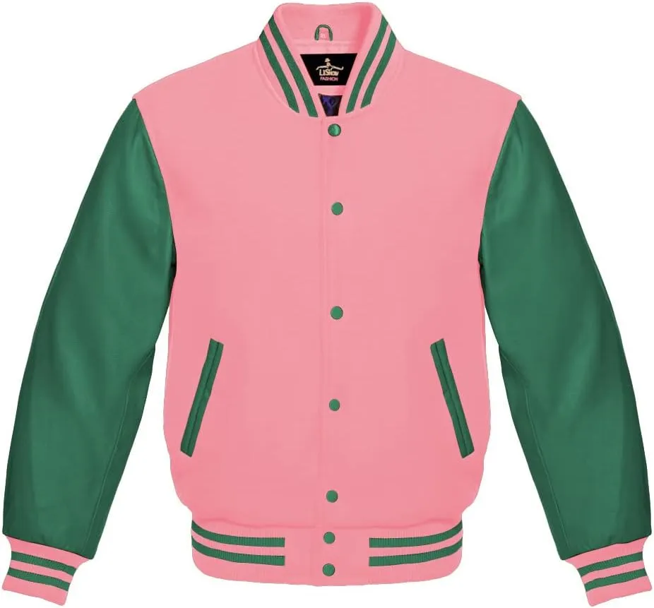 Men's Varsity Baseball Letterman Bomber Jacket Wool & Green Genuine Leather Sleeves