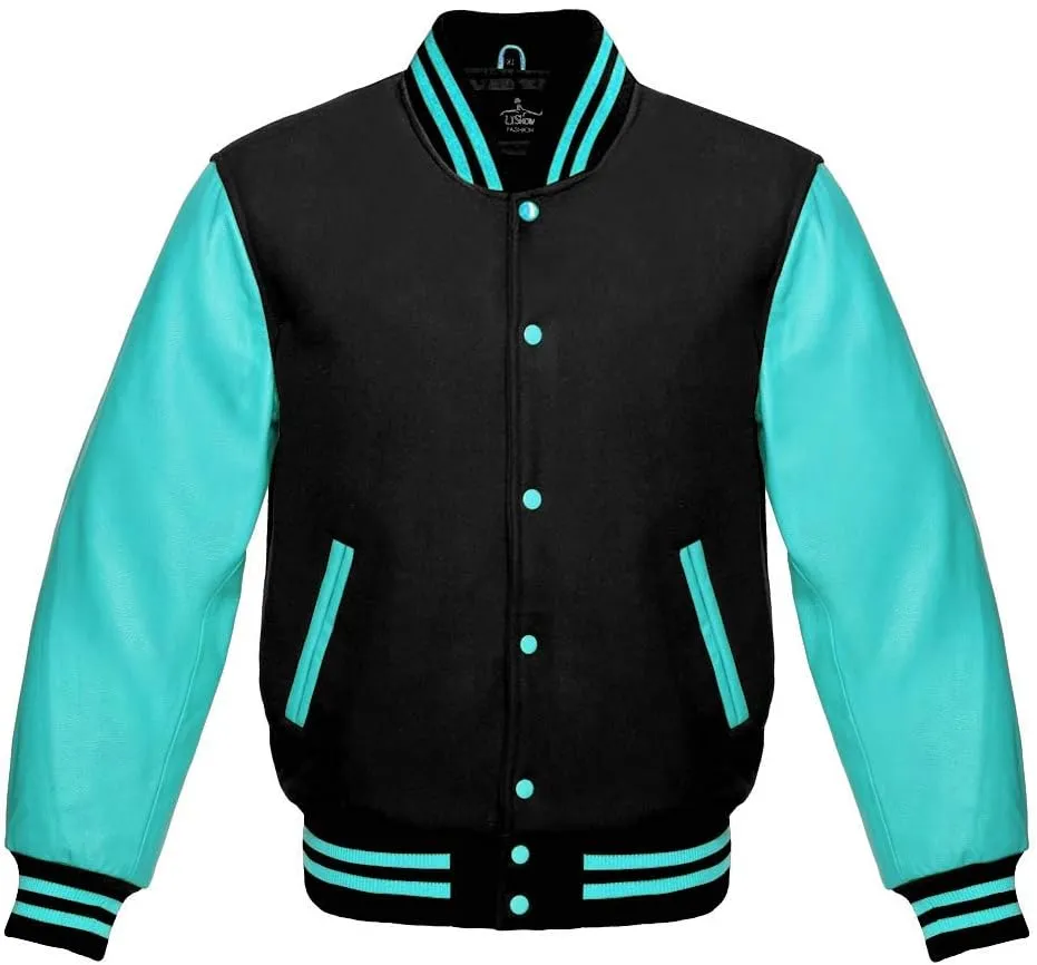 Men's Varsity Baseball Letterman Bomber Jacket Wool & Turquoise Genuine Leather Sleeves