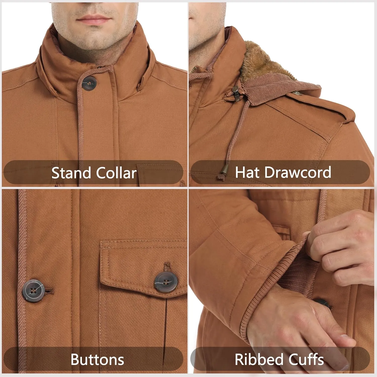 Men's Winter Thicken Parka Jacket Casual Military Warm Coat with Removable Hood