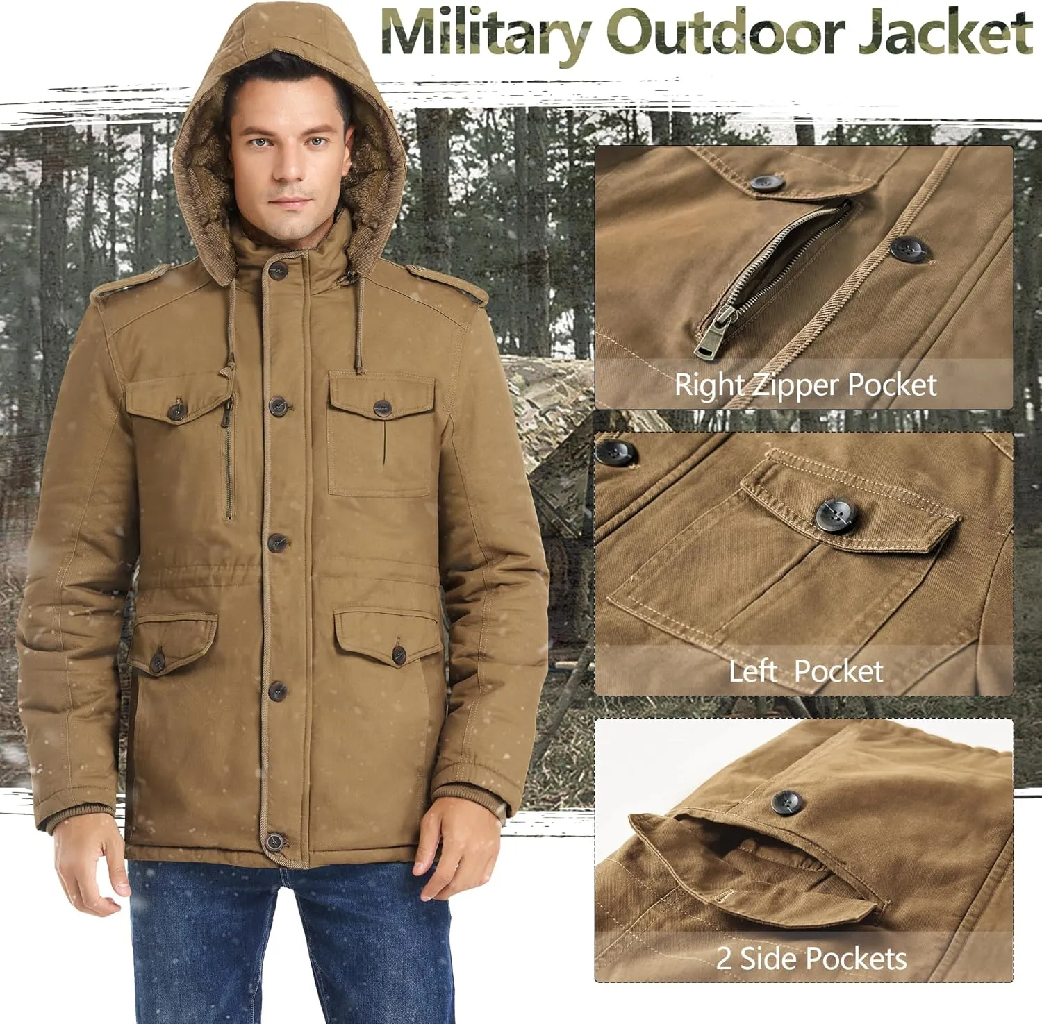 Men's Winter Thicken Parka Jacket Casual Military Warm Coat with Removable Hood