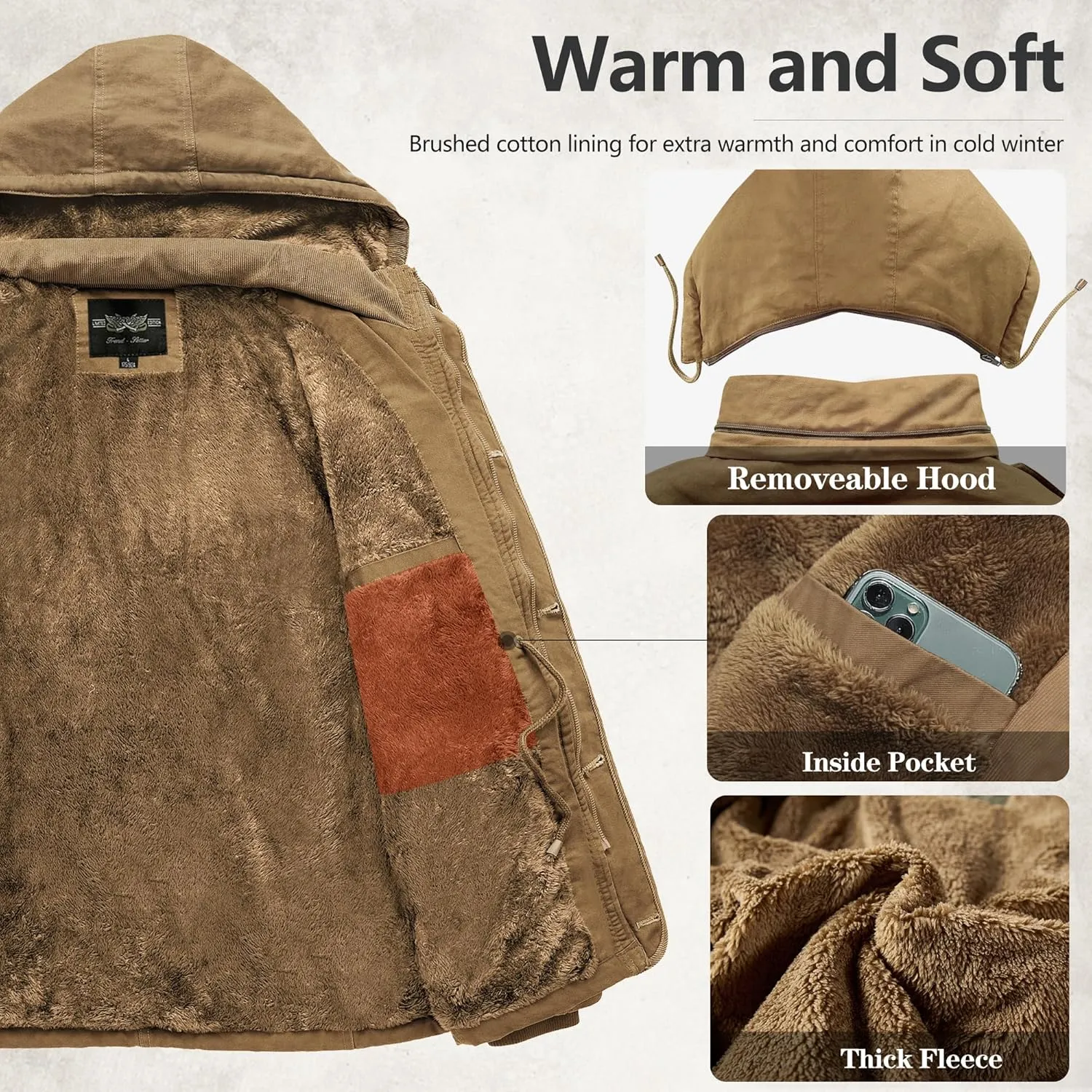 Men's Winter Thicken Parka Jacket Casual Military Warm Coat with Removable Hood