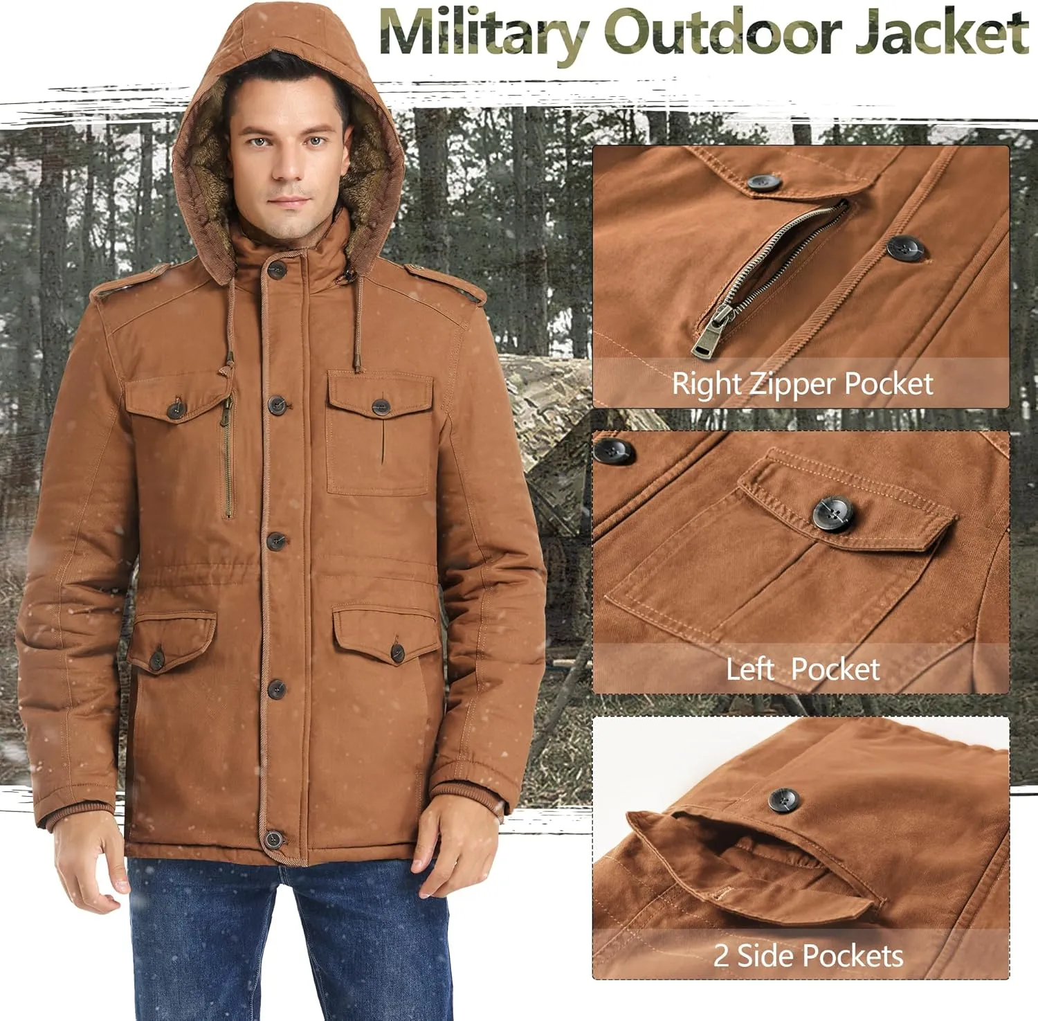 Men's Winter Thicken Parka Jacket Casual Military Warm Coat with Removable Hood