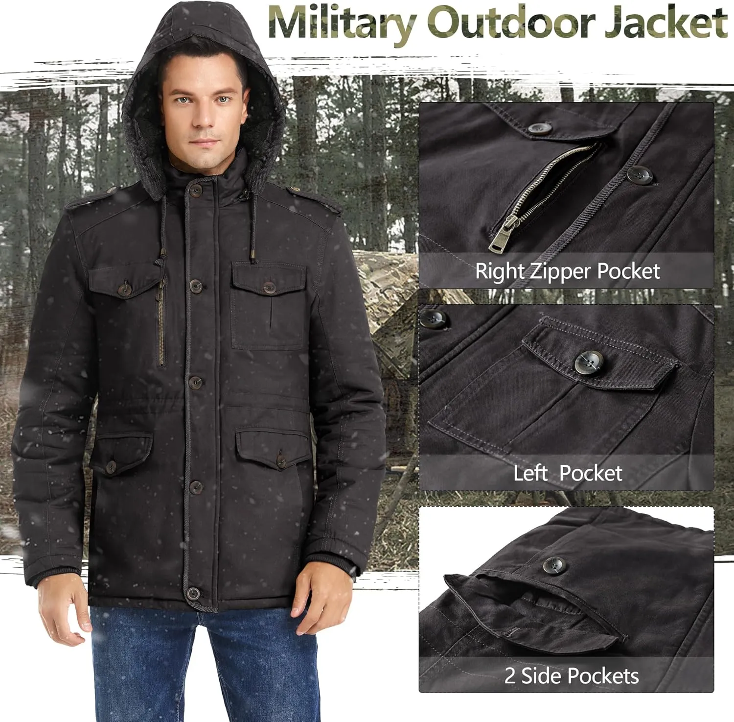 Men's Winter Thicken Parka Jacket Casual Military Warm Coat with Removable Hood