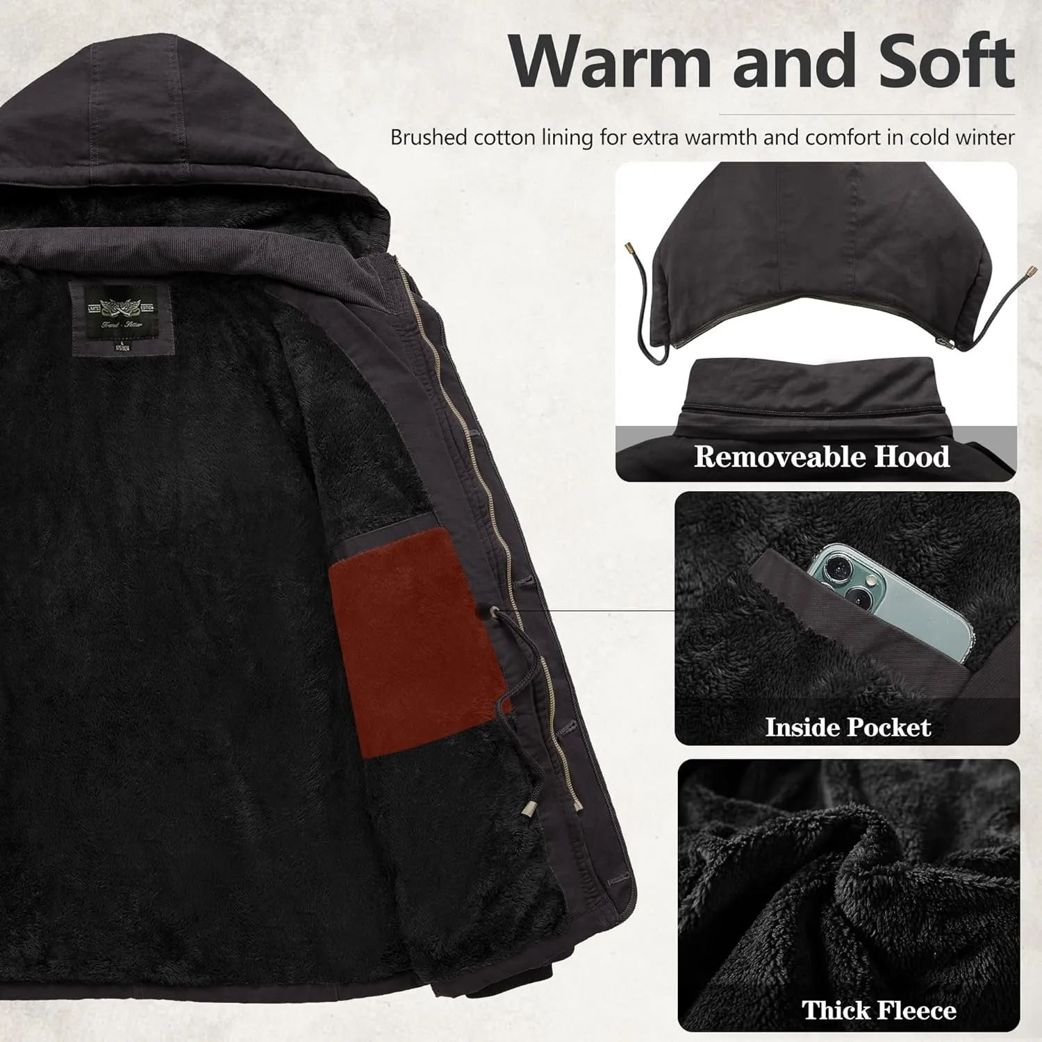 Men's Winter Thicken Parka Jacket Casual Military Warm Coat with Removable Hood