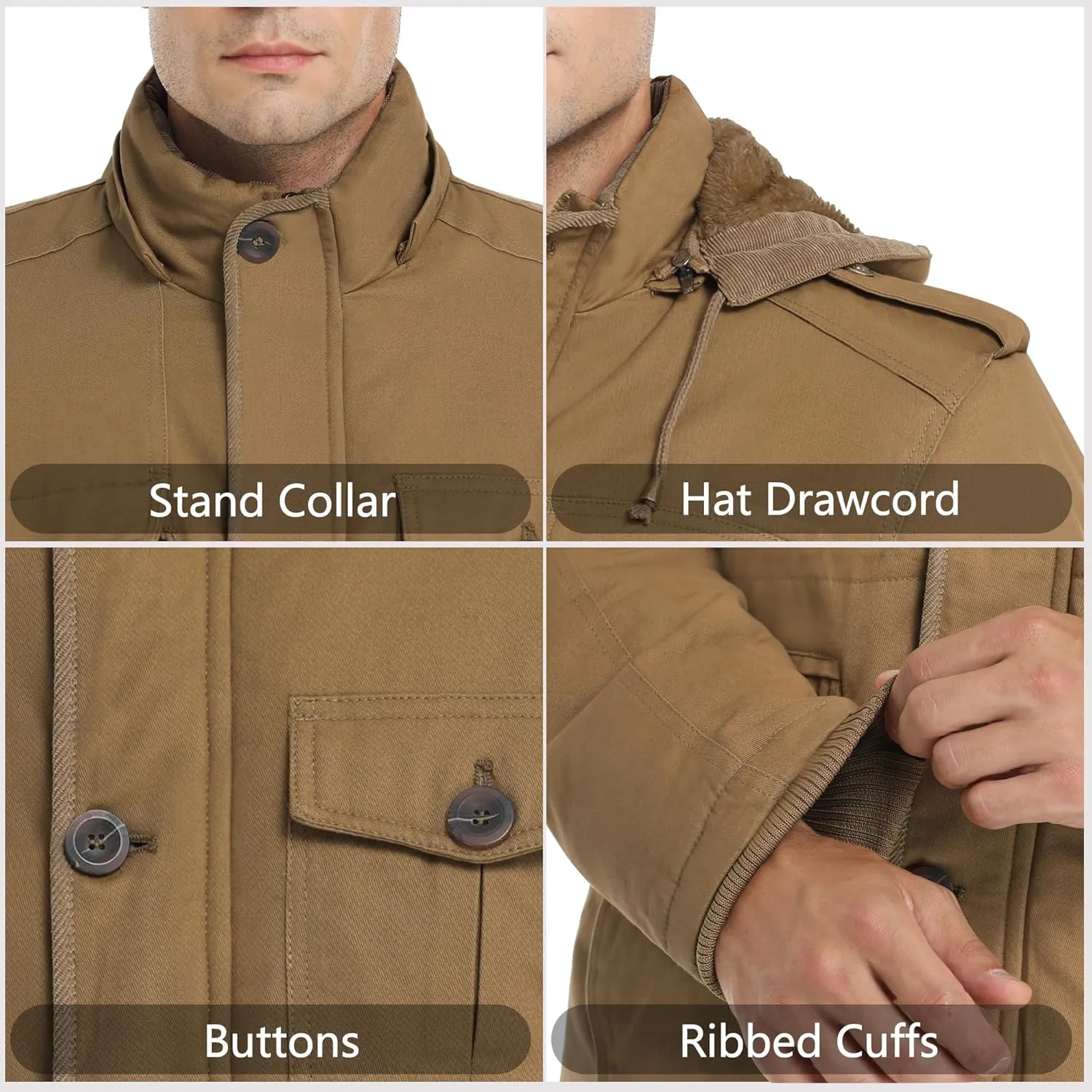 Men's Winter Thicken Parka Jacket Casual Military Warm Coat with Removable Hood