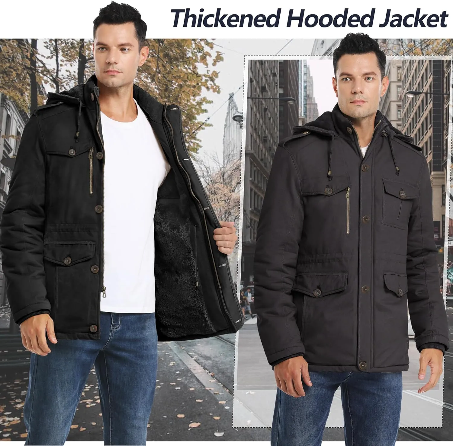 Men's Winter Thicken Parka Jacket Casual Military Warm Coat with Removable Hood
