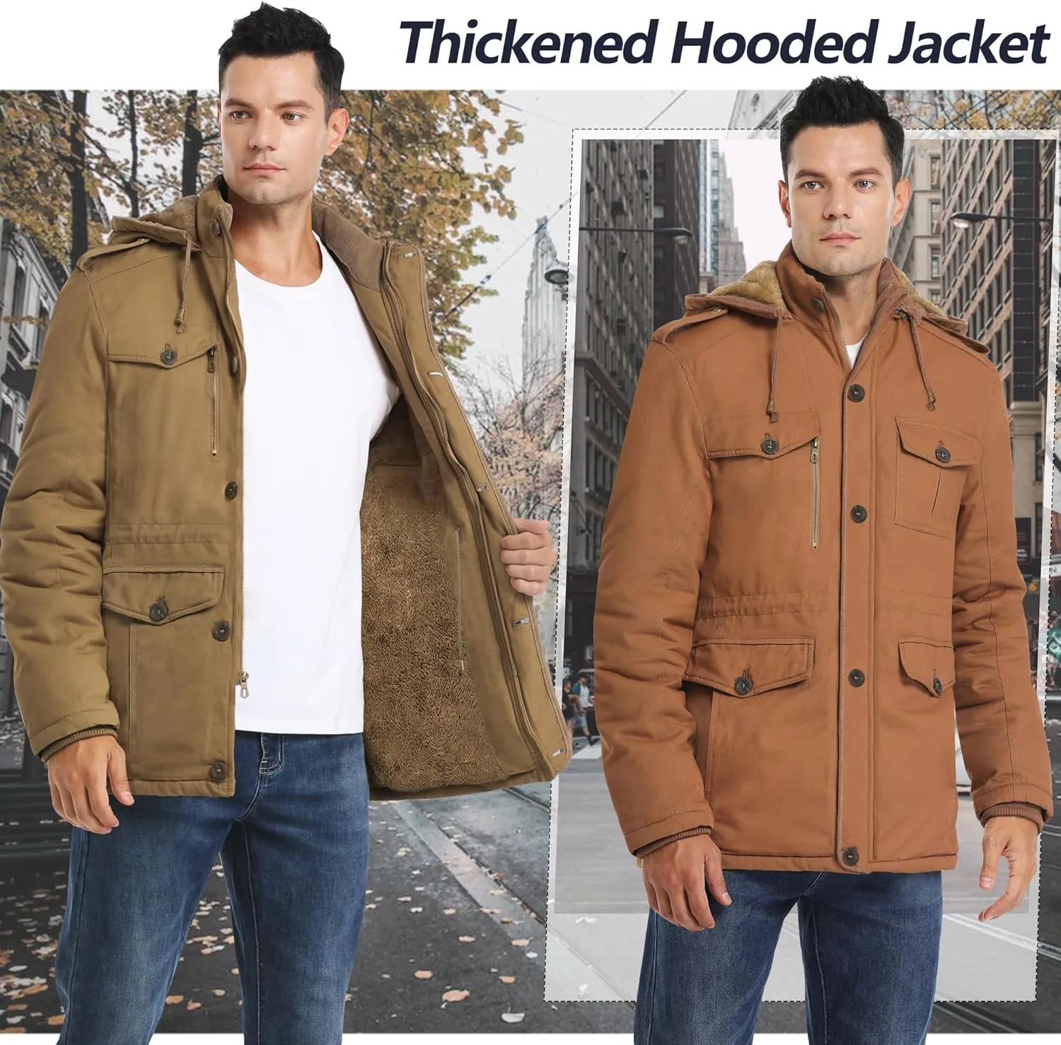 Men's Winter Thicken Parka Jacket Casual Military Warm Coat with Removable Hood