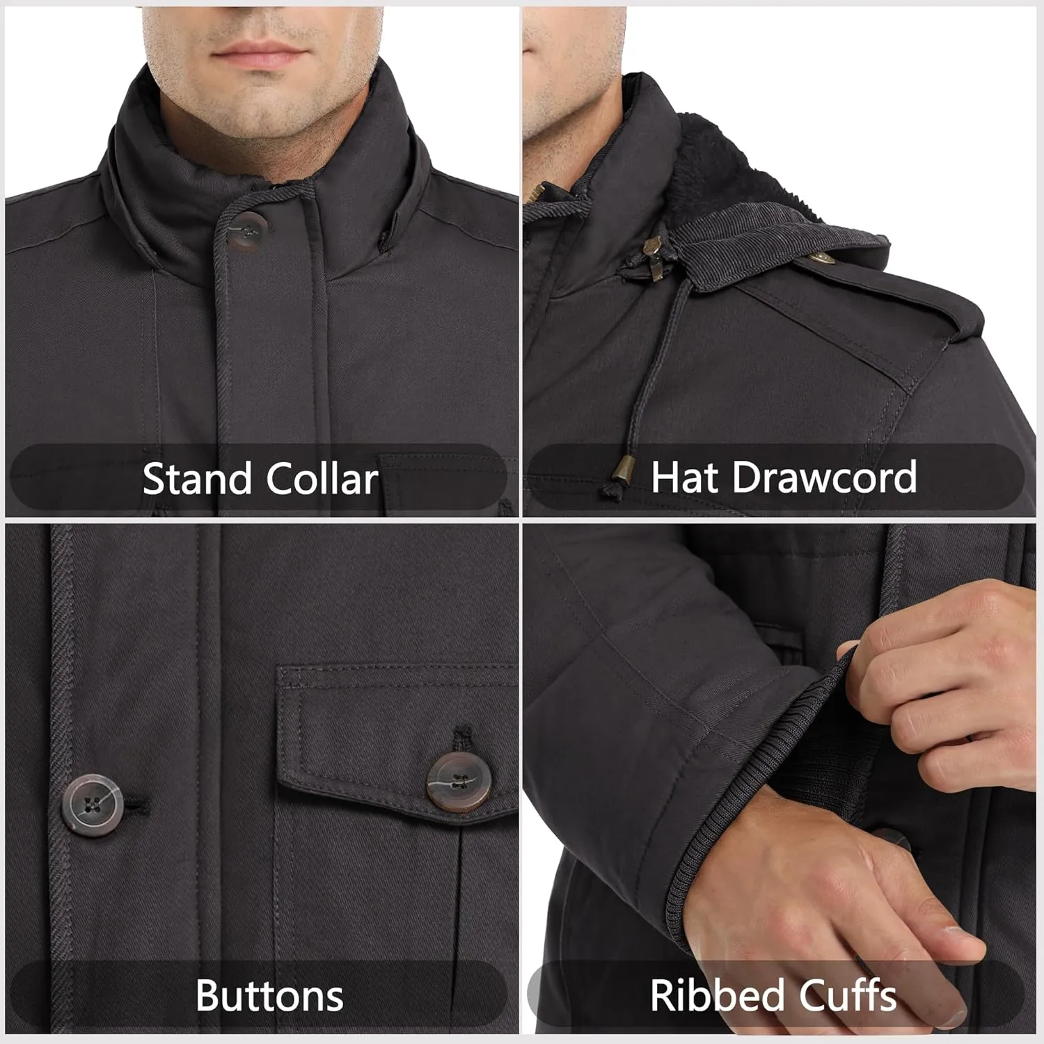 Men's Winter Thicken Parka Jacket Casual Military Warm Coat with Removable Hood