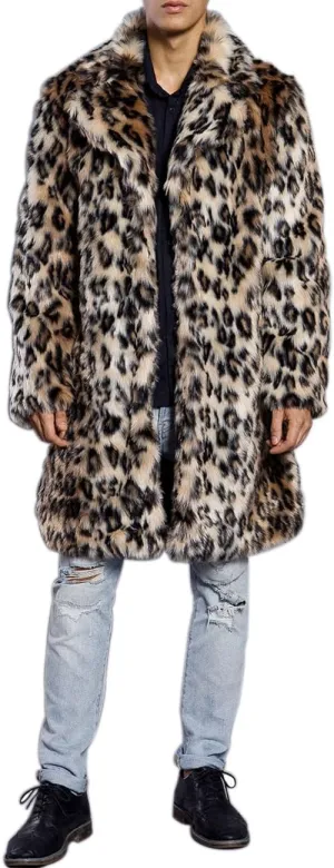 Mens Winter Warm Leopard Faux Fur Long Length Luxury Outerwear Coat Jacket