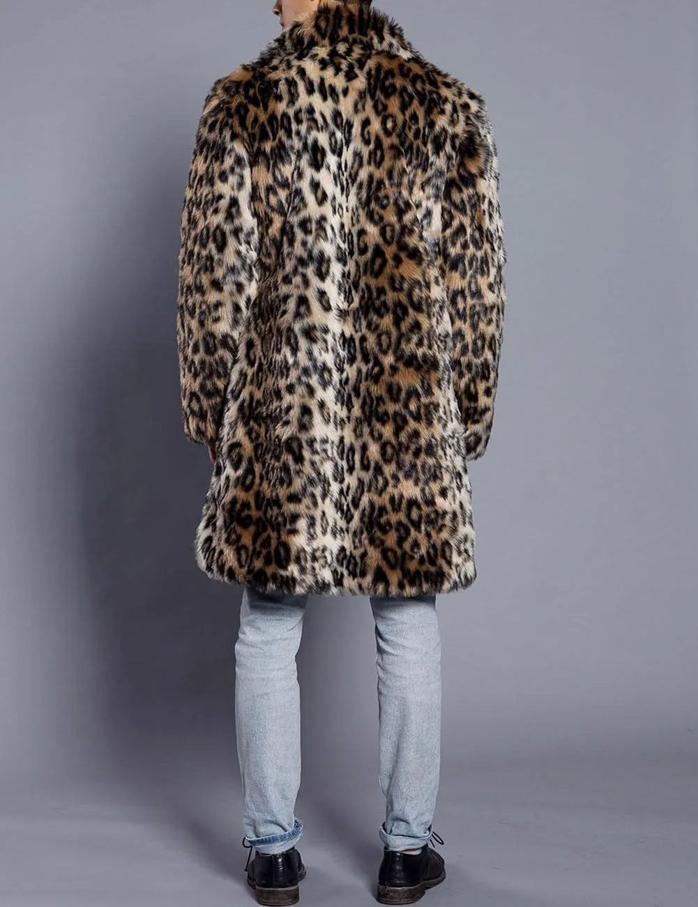 Mens Winter Warm Leopard Faux Fur Long Length Luxury Outerwear Coat Jacket