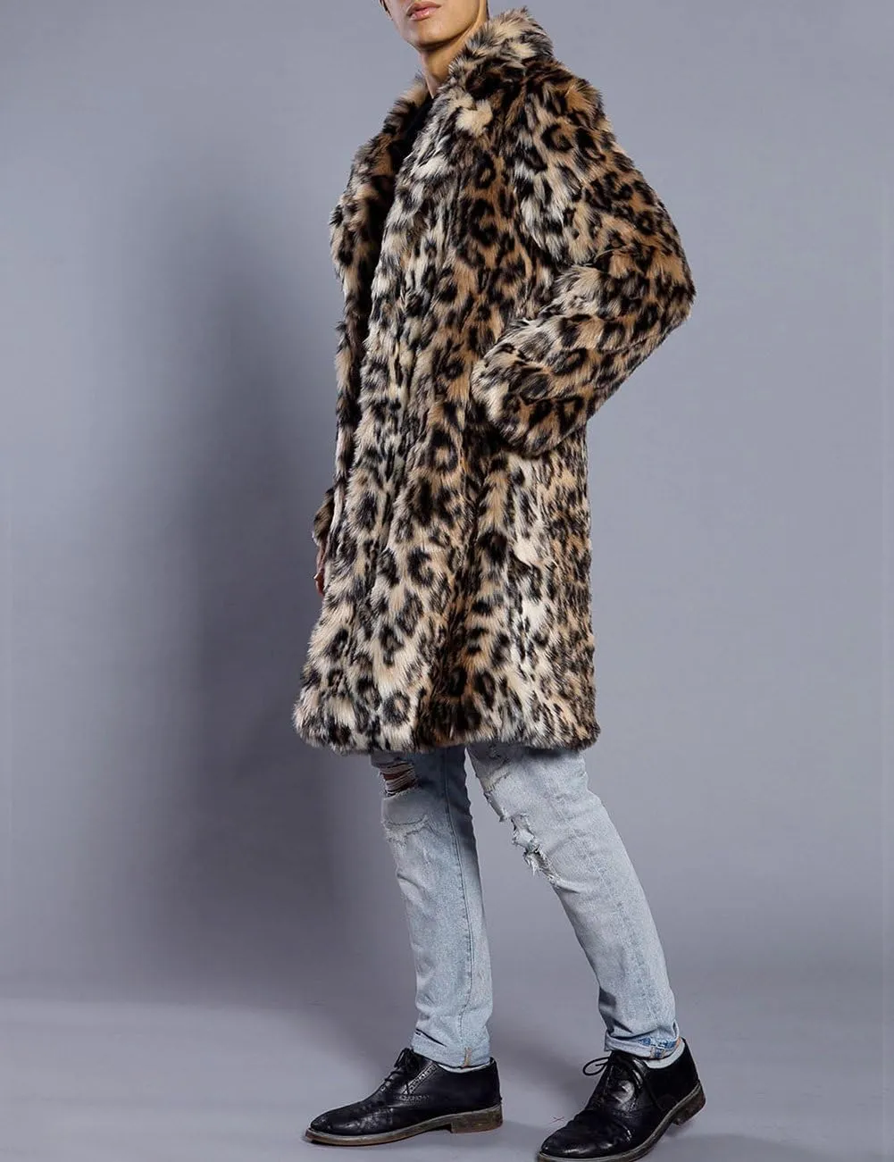 Mens Winter Warm Leopard Faux Fur Long Length Luxury Outerwear Coat Jacket
