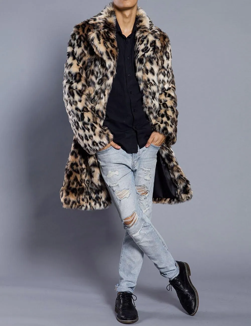 Mens Winter Warm Leopard Faux Fur Long Length Luxury Outerwear Coat Jacket
