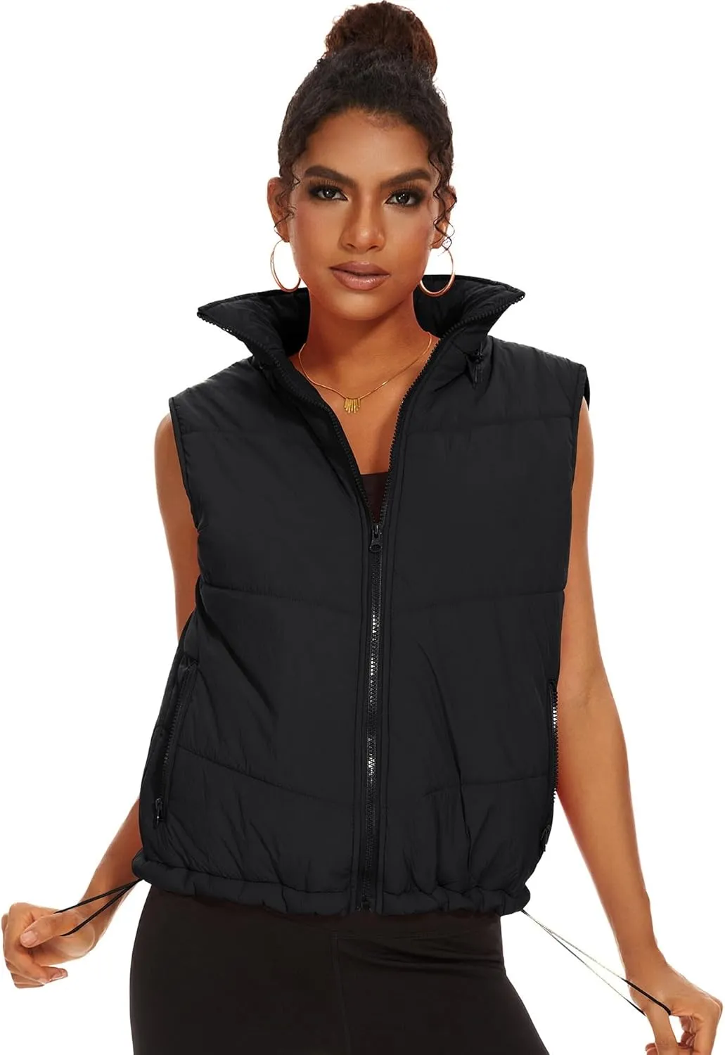 Micoson Puffer Vests for Women Winter Sleeveless Hooded Jacket Quilted Zip Up Stand Collar Gilet with Pocket Loose Fit