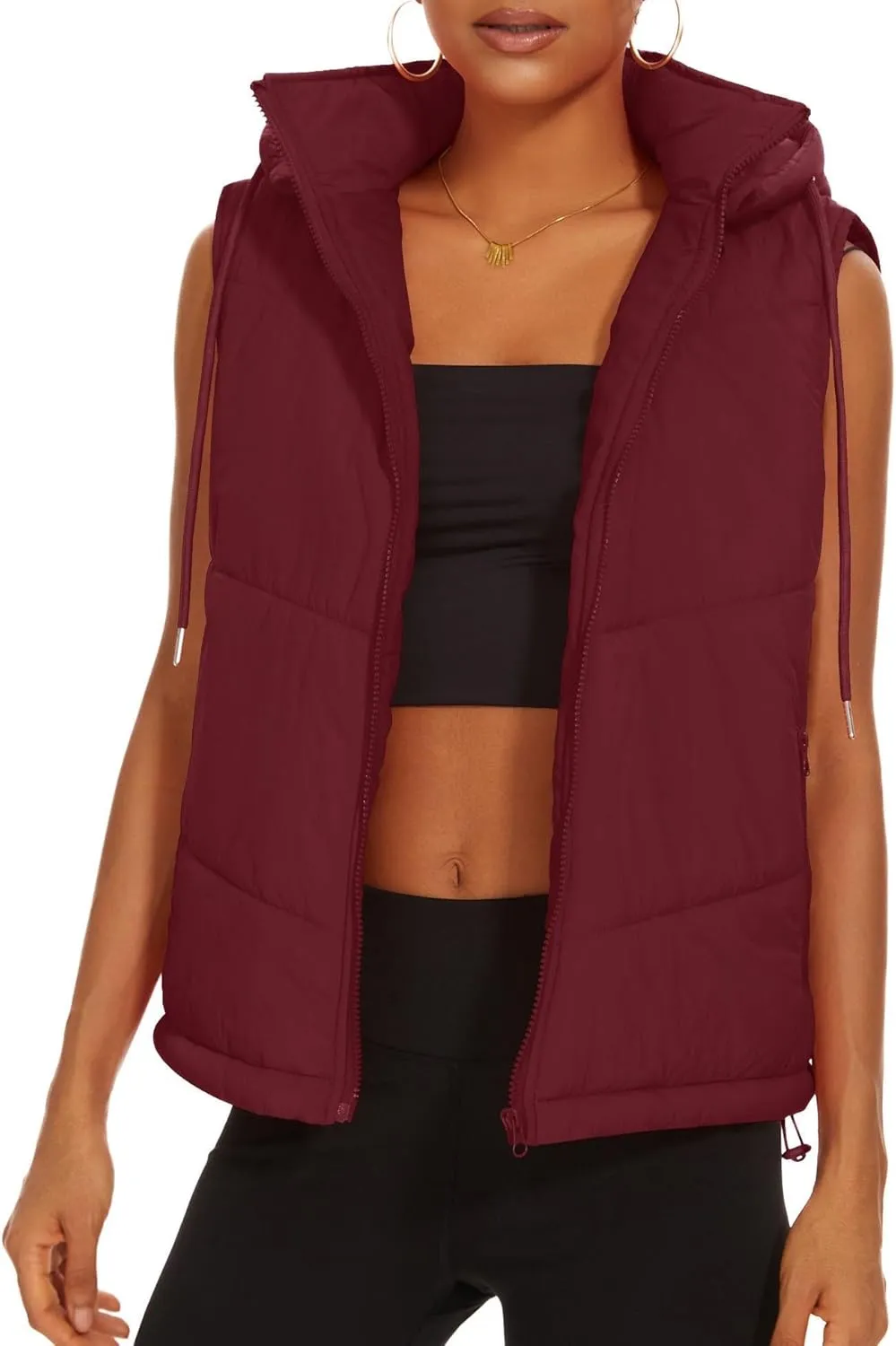 Micoson Puffer Vests for Women Winter Sleeveless Hooded Jacket Quilted Zip Up Stand Collar Gilet with Pocket Loose Fit