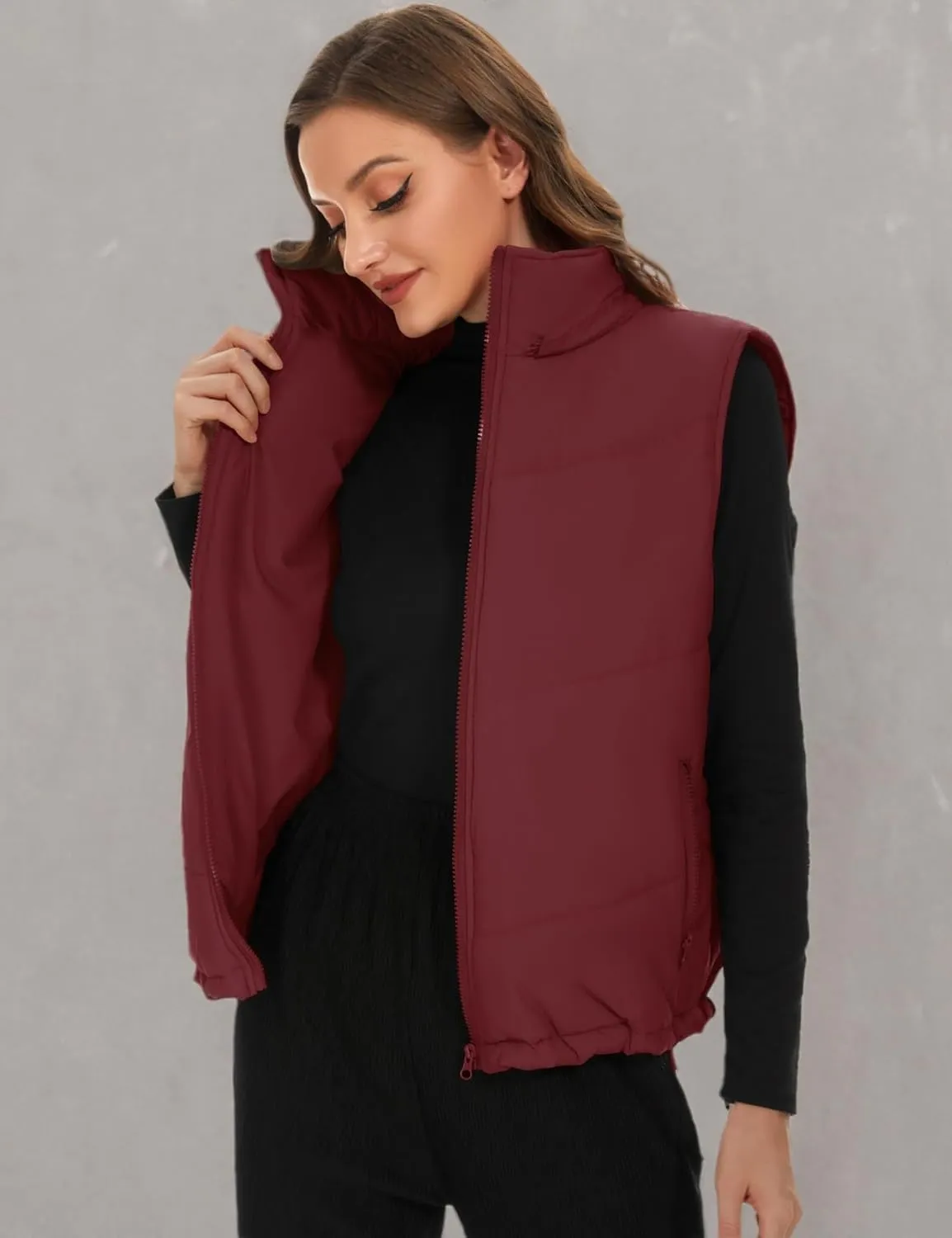 Micoson Puffer Vests for Women Winter Sleeveless Hooded Jacket Quilted Zip Up Stand Collar Gilet with Pocket Loose Fit