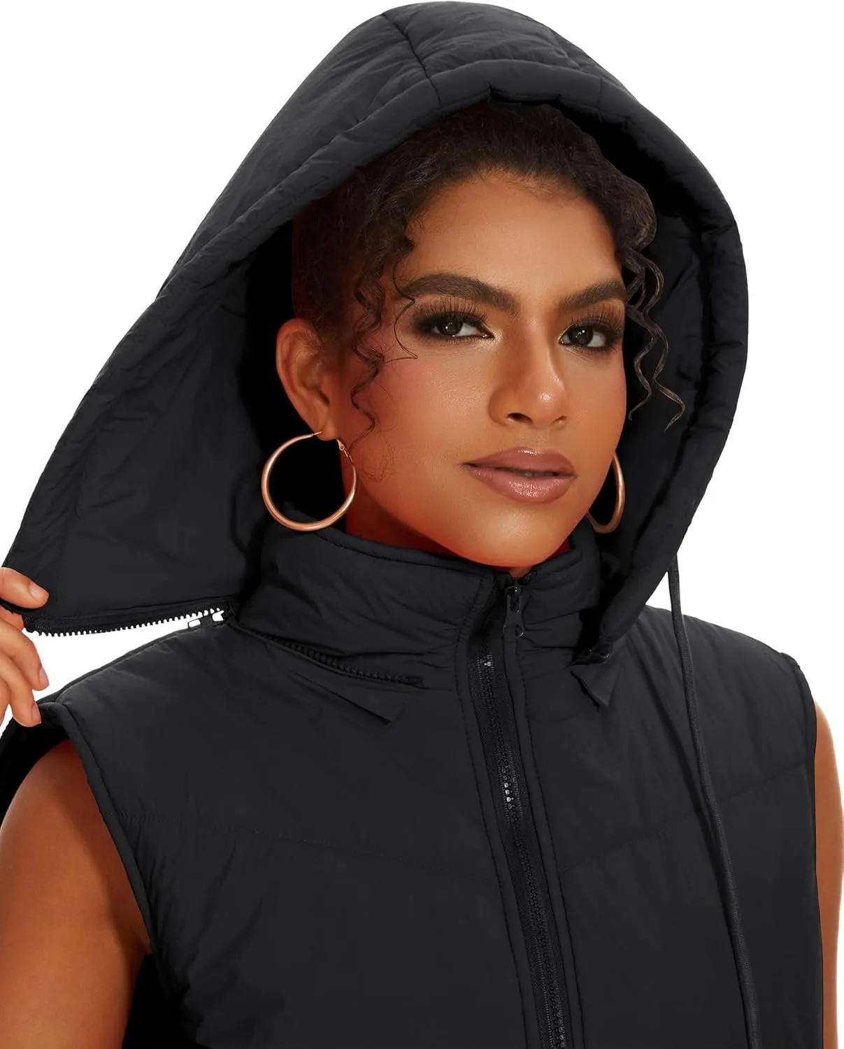 Micoson Puffer Vests for Women Winter Sleeveless Hooded Jacket Quilted Zip Up Stand Collar Gilet with Pocket Loose Fit