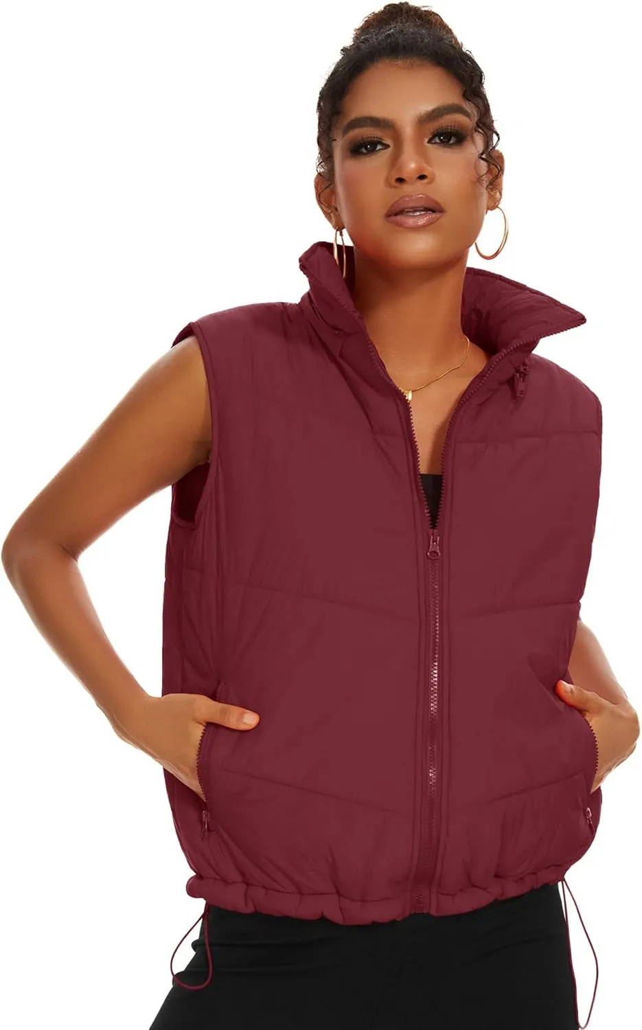 Micoson Puffer Vests for Women Winter Sleeveless Hooded Jacket Quilted Zip Up Stand Collar Gilet with Pocket Loose Fit
