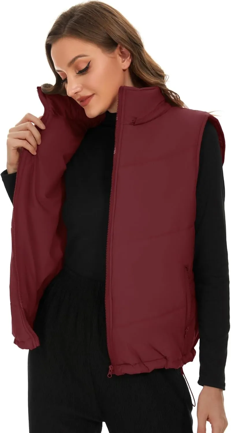 Micoson Puffer Vests for Women Winter Sleeveless Hooded Jacket Quilted Zip Up Stand Collar Gilet with Pocket Loose Fit