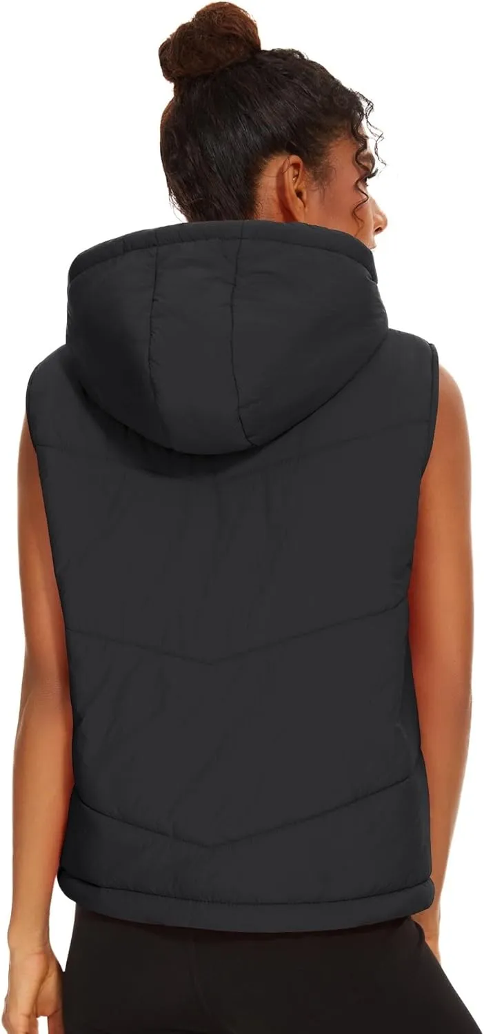 Micoson Puffer Vests for Women Winter Sleeveless Hooded Jacket Quilted Zip Up Stand Collar Gilet with Pocket Loose Fit